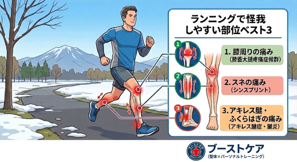 雪解けの道を走るランナーのイラストとともに、ランニングで怪我しやすい部位ベスト3（1位：膝周りの痛みである膝蓋大腿疼痛症候群、2位：スネの痛みであるシンスプリント、3位：アキレス腱とふくらはぎの痛みであるアキレス腱症や腱炎）を分かりやすく解説した図解。下部にはブーストケアのロゴが配置されています。