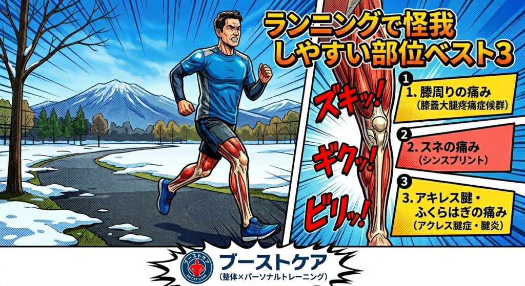 雪解けの道を走るランナーのイラストとともに、ランニングで怪我しやすい部位ベスト3(1位:膝周りの痛みである膝蓋大腿疼痛症候群、2位:スネの痛みであるシンスプリント、3位:アキレス腱とふくらはぎの痛みであるアキレス腱症や腱炎)を分かりやすく解説した図解。下部にはブーストケアのロゴが配置されています。