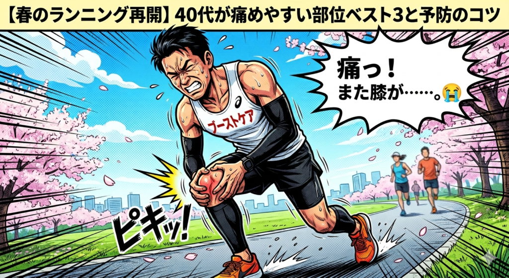 日本のコミック風イラスト。満開の桜並木のランニングコースで、顔をしかめて左膝を両手で押さえる男性ランナーが中心に描かれています。膝の横には「ピキッ!」という擬音語と衝撃波。背景には他の2人のランナー。上部のヘッダーテキストには「【春のランニング再開】40代が痛めやすい部位ベスト3と予防のコツ」とあり、男性の吹き出しには「痛っ! また膝が……。」と書かれています。春のランニング開始時の怪我に注意を促す記事のアイキャッチ。
