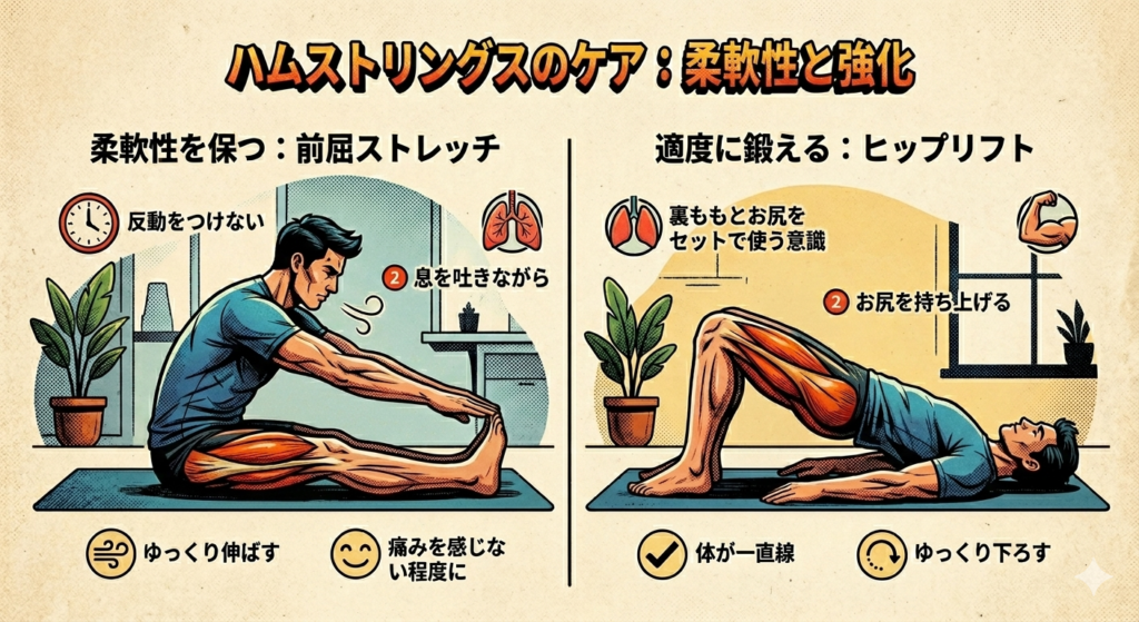 ハムストリングスのケア方法（柔軟性を高める前屈ストレッチと強化するためのヒップリフト）を分かりやすく解説したアメコミ風イラスト