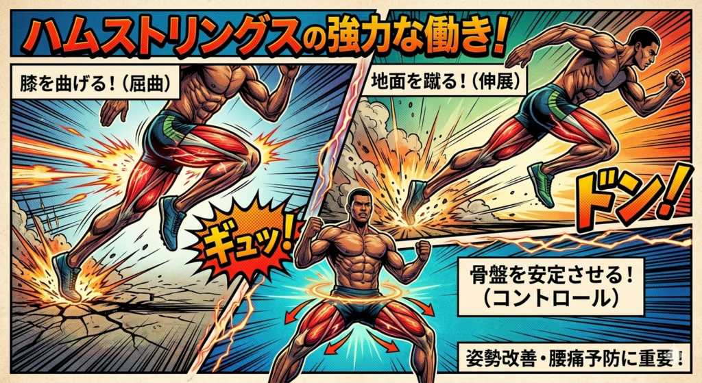 ハムストリングスの強力な働き（膝の屈曲・股関節の伸展・骨盤のコントロール）を解説するアメコミ風イラスト