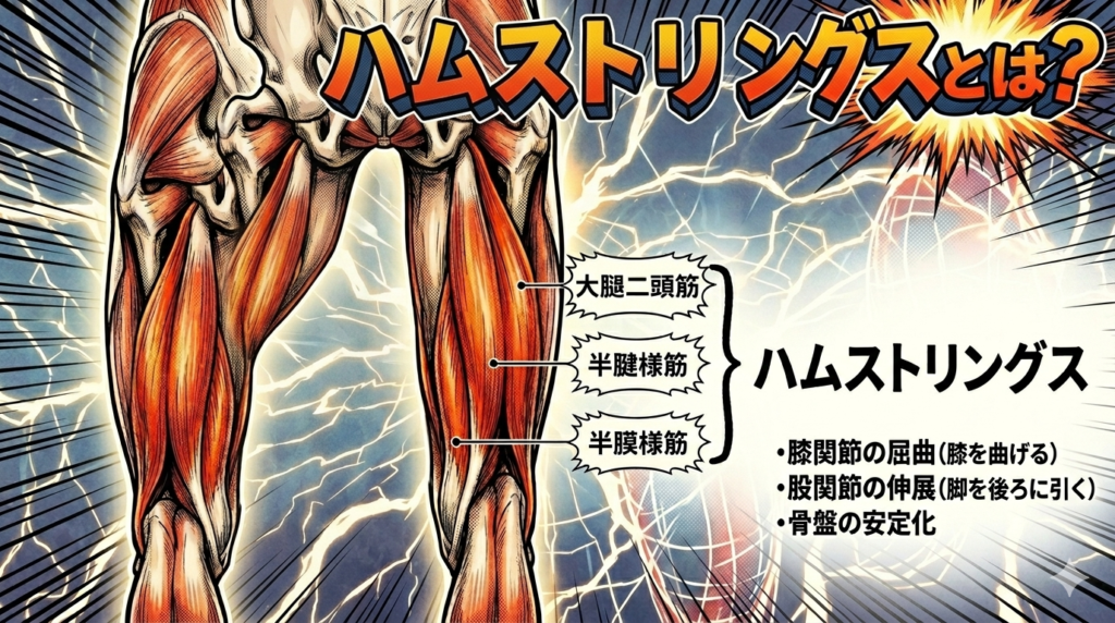 大腿二頭筋、半腱様筋、半膜様筋から構成されるハムストリングスの解剖・構造を解説したアメコミ風イラスト