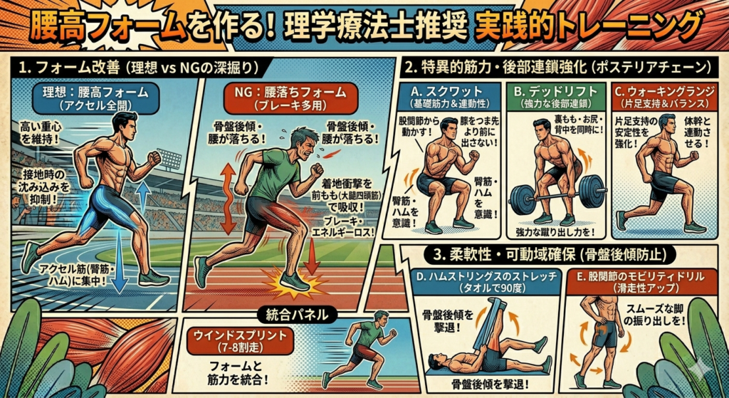 腰高フォームを作るための実践的トレーニングを解説したアメコミ風イラスト。理想のフォームとNGフォームの比較、スクワットやデッドリフトなどの後部連鎖(ポステリアチェーン)強化、ストレッチによる柔軟性確保、ウインドスプリントへの統合までを図解