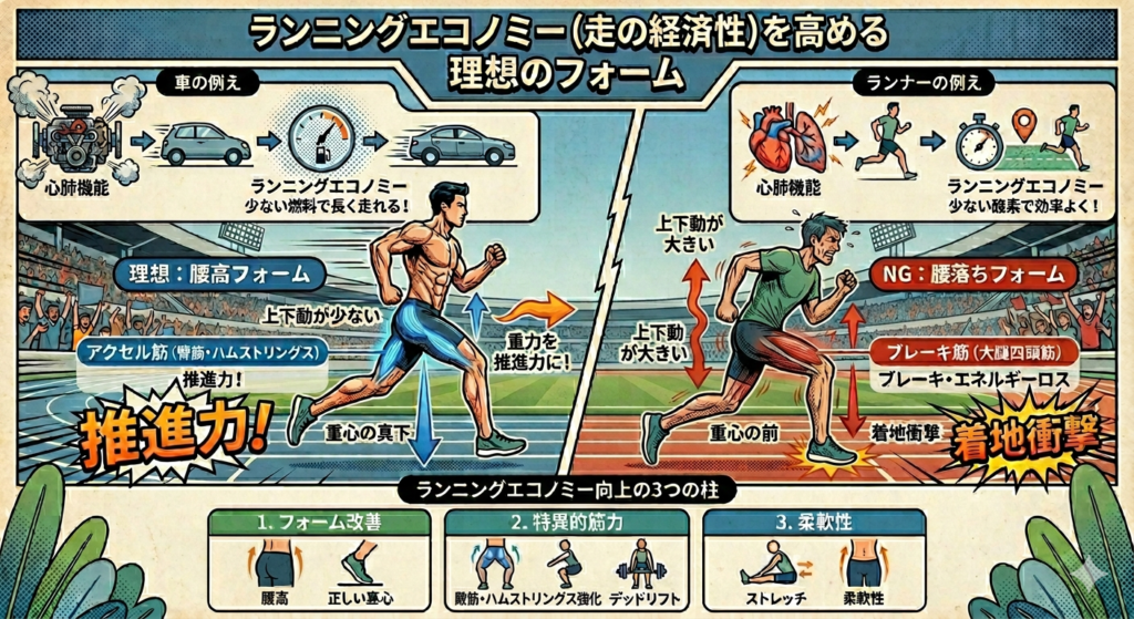 ランニングエコノミーを高める理想の「腰高フォーム」と、エネルギーロスを生むNGな「腰落ちフォーム」の違いを比較し、向上に必要な3つの柱(フォーム改善・特異的筋力・柔軟性)を解説したアメコミ風の図解