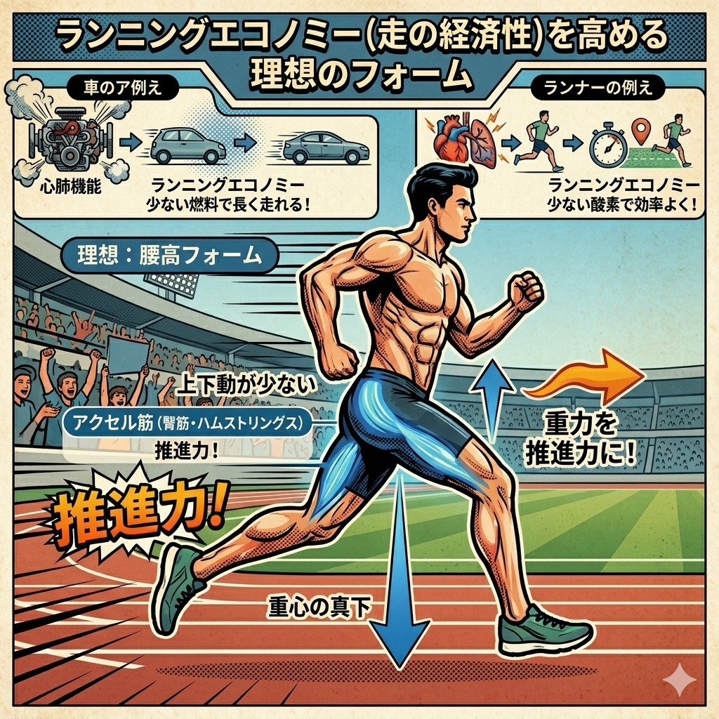 ランニングパフォーマンスを向上させる「ランニングエコノミー（走の経済性）」を高めるための「理想のフォーム」を解説する、レトロコミック風の図解。車の燃費に例えた説明や、臀筋・ハムストリングスを「アクセル筋」として活用し、重力を推進力に変える「腰高フォーム」の利点を視覚的に伝えている。