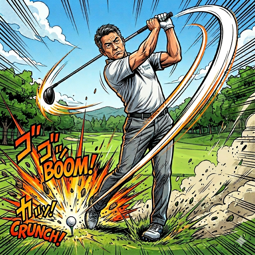 ゴルフスイングの土台となる股関節の働きと重要性を解説した図解イラスト。地面反力の吸収・変換、骨盤回転の主軸としての役割、理想的な可動域（内旋45〜55度）と制限による腰痛リスクについて、解剖学的な視点からアメコミ風に表現しています。