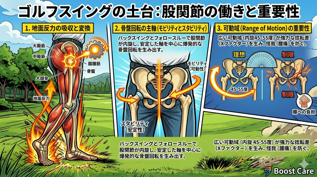 ゴルフスイングの土台となる股関節の働きと重要性を解説した図解イラスト。地面反力の吸収・変換、骨盤回転の主軸としての役割、理想的な可動域（内旋45〜55度）と制限による腰痛リスクについて、解剖学的な視点からアメコミ風に表現しています。