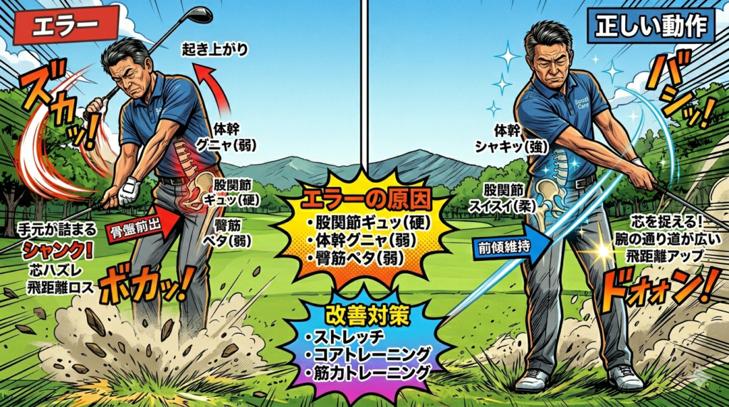 ゴルフの飛距離アップに欠かせない3つの重要筋肉（大殿筋・腸腰筋・中殿筋）の働きを解説したアメコミ風の図解イラスト。右側の正しいスイング動作を行うゴルファーに対し、地面反力を利用する大殿筋、前傾姿勢を維持する腸腰筋、スイング軸を安定させる中殿筋の解剖学的な位置と役割がハイライトされています。左側には対比として、筋肉が上手く使えていないエラー動作が描かれています。