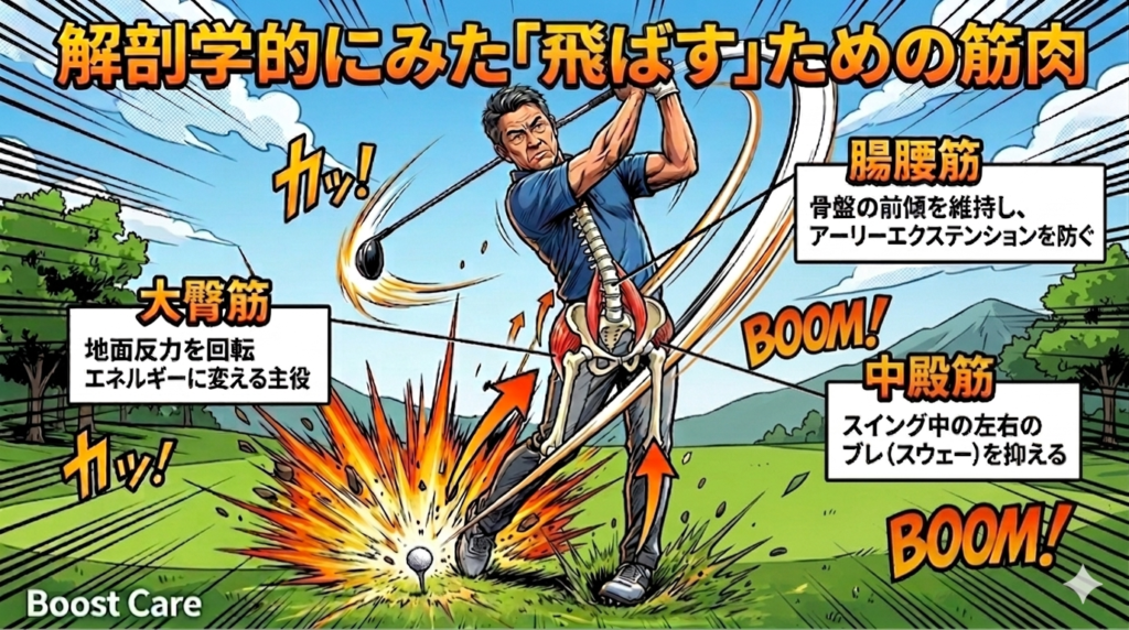 解剖学的にみたゴルフで飛距離を伸ばすための3つの筋肉（大臀筋、腸腰筋、中臀筋）の働きを解説したアメコミ風の図解イラスト。力強いインパクトの瞬間のゴルファーの骨盤付近を透視し、地面反力を回転エネルギーに変える大臀筋、前傾姿勢を維持してアーリーエクステンションを防ぐ腸腰筋、左右のブレ（スウェー）を抑える中臀筋の位置と役割を分かりやすく示しています。