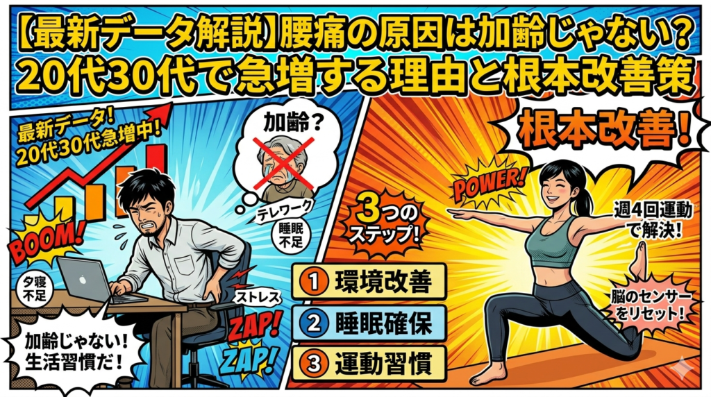 【最新データ解説】腰痛の原因は加齢じゃない？ 20代30代で急増する理由と根本改善策。テレワーク、睡眠不足、ストレスによる20代30代の腰痛急増と、改善のための『3つのステップ』（①環境改善、②睡眠確保、③運動習慣）、そして根本改善しヨガをする健康的な女性が描かれた、アメコミ風インフォグラフィック。