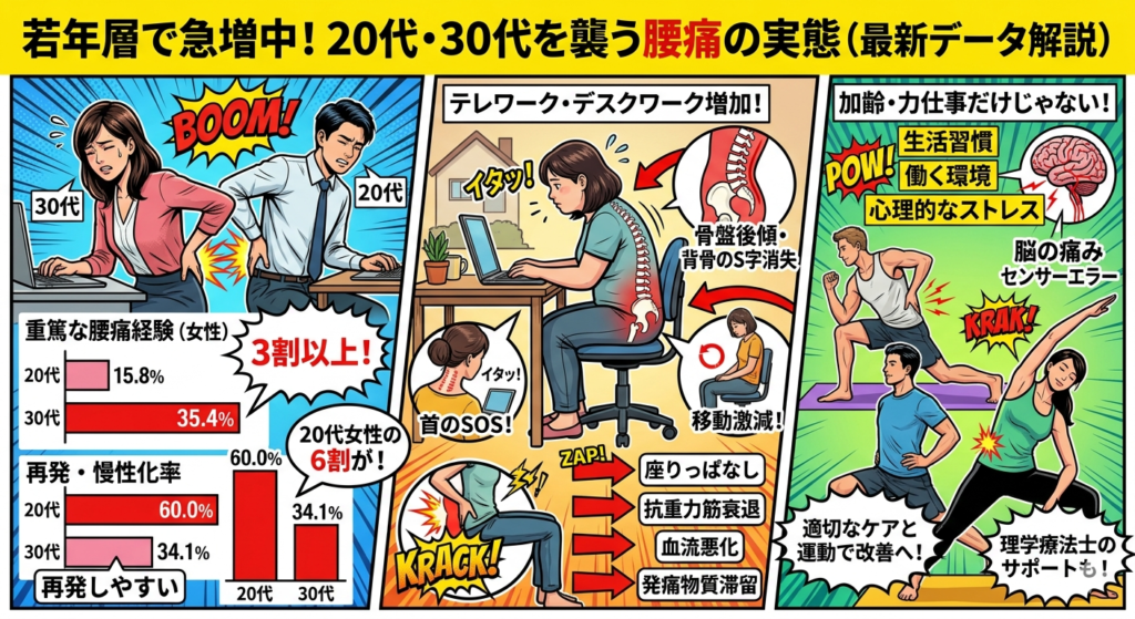 "アメコミ風インフォグラフィック：若年層（20代・30代）の腰痛急増の実態と原因、対策。左側はデータ（20代女性の15.8%、30代女性の35.4%が重篤な腰痛経験。20代の60.0%が再発・慢性化。）。中央はテレワーク・デスクワークによる猫背姿勢（骨盤後傾）と座りっぱなし（抗重力筋衰退、血流悪化）の影響。右側は心理的ストレス（脳の痛みセンサーエラー）と、適切なケア・運動、理学療法士のサポートによる改善策。" />