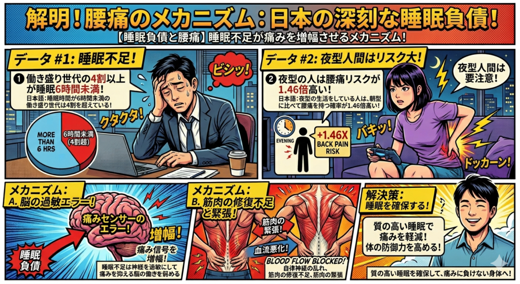 解明！腰痛のメカニズム：日本の深刻な睡眠負債！【睡眠負債と腰痛】睡眠不足が痛みを増幅させるメカニズム！