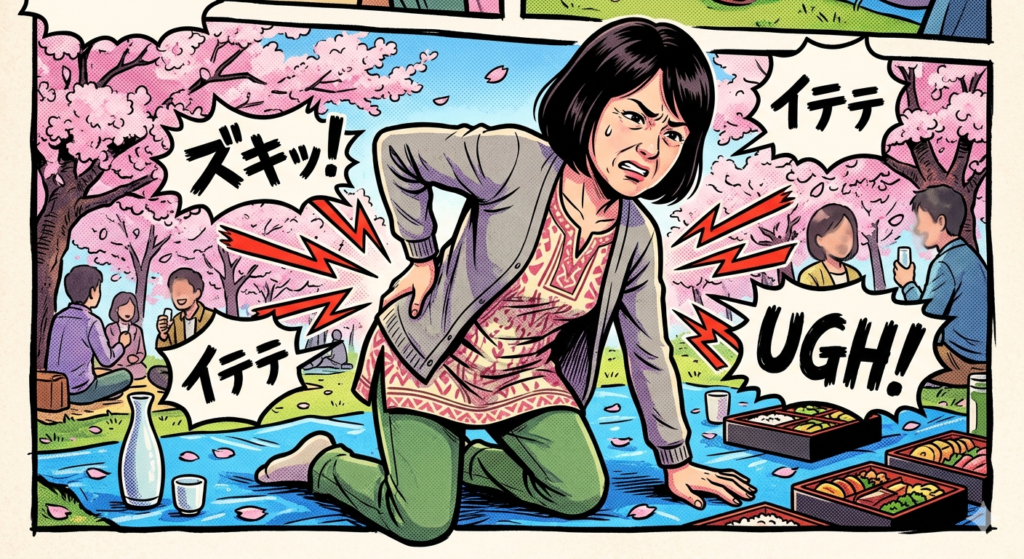 お花見会場のブルーシートの上で腰に急な痛みを感じ、顔をしかめながら腰を押さえる日本人中年女性のアメコミ風イラスト
