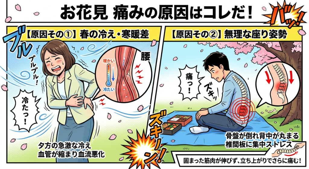 お花見で腰痛や古傷が痛む2つの原因を図解したアメコミ風イラスト。春の冷えによる血管収縮・血流悪化と、ブルーシートでの丸まった座り姿勢による椎間板へのストレス集中を解説している。