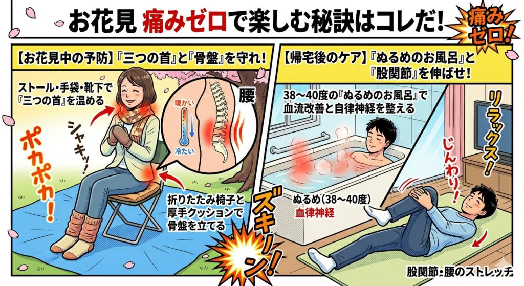 お花見での腰痛や古傷の痛みを防ぐ予防・ケア方法を図解したアメコミ風イラスト。左側はストールや手袋で「三つの首」を温め、折りたたみ椅子で骨盤を立てて座る予防法。右側は帰宅後に38〜40度のぬるめのお風呂に入り、股関節のストレッチを行うケア方法を解説している。
