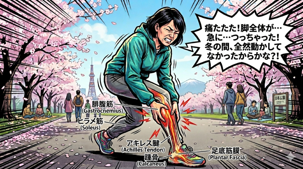 春の札幌の公園でふくらはぎ（下腿三頭筋）に痛みを訴える女性のイラスト。腓腹筋、ヒラメ筋、アキレス腱、足底筋膜などの解剖学的な位置を図解。
