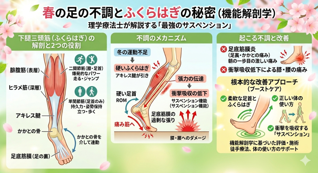 春の足の不調とふくらはぎの秘密」理学療法士解説インフォグラフィック。ふくらはぎの解剖学（腓腹筋、ヒラメ筋）、運動不足による不調のメカニズム（筋肉の硬直、足首ROM低下、足底筋膜の張り）、起こる不調（足底筋膜炎、膝・腰痛）と根本的な改善アプローチ（柔軟な足首、正しい体の使い方）。監修：理学療法士 小野寺智亮、Boost Care情報。 ```http://googleusercontent.com/generated_image_content/0