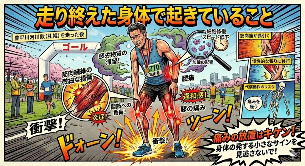 マラソン完走後の身体で起きていることを解説したアメコミ風イラスト。着地の衝撃による筋肉繊維の微細な損傷や炎症、疲労物質の滞留、加齢に伴う細胞修復スピードの低下、膝や腰への過度な負担、そして痛みを庇うことで生じる代償動作のリスクを視覚的に図解しています。