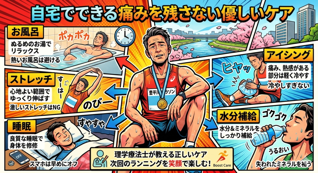 マラソン完走後の自宅でできる優しいアフターケアを解説したアメコミ風イラスト。ぬるめのお湯での入浴、痛む部分のアイシング、水分とミネラルの補給、良質な睡眠とスマホの早めの消灯、心地よい範囲でのゆっくりとしたストレッチといった、理学療法士が推奨する5つのセルフケア方法を視覚的に図解しています。