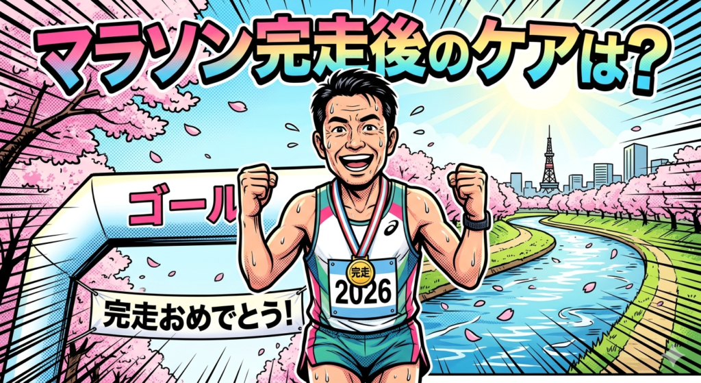 春の豊平川と桜、札幌テレビ塔を背景に、マラソンを完走して笑顔でガッツポーズをする男性ランナーのアメコミ風イラスト。「マラソン完走後のケアは？」というテキストが配置されています。