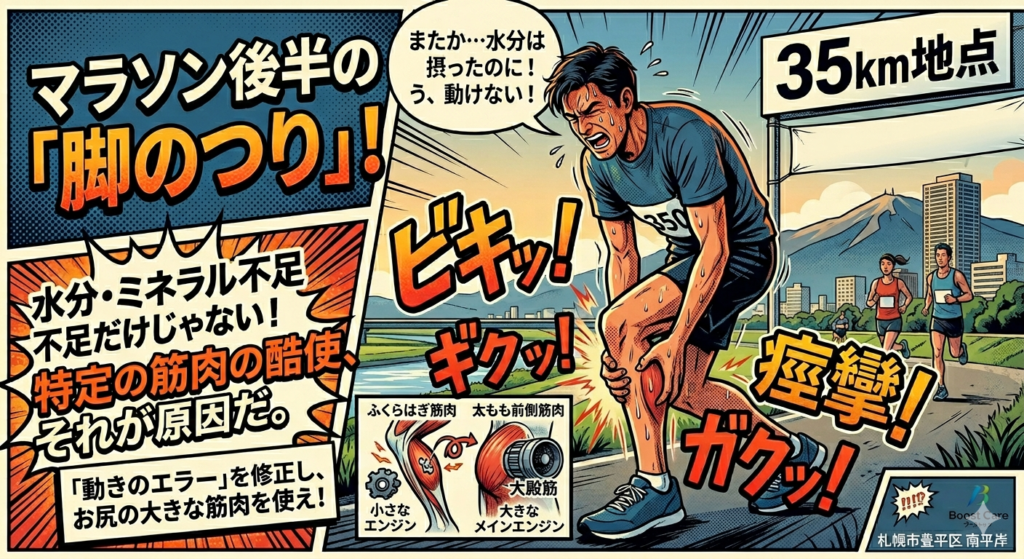 マラソン後半の脚のつりを解説するアメコミ風インフォグラフィック。35km地点で苦しむランナーの脚には「ビキッ！」や「痙攣！」の劇的な擬音語が添えられている。テキストパネルでは、脚のつりは単なる水分・ミネラル不足だけではなく、特定の筋肉（ふくらはぎ）の酷使が原因であることを説明し、「『動きのエラー』を修正し、お尻の大きな筋肉を使え！」と解決策を提示している。ふくらはぎを「小さなエンジン」、お尻（大殿筋）を「大きなメインエンジン」に例えた比較図解入り。背景は札幌の街並み。右下にBoost Care（札幌市豊平区南平岸）のロゴ。