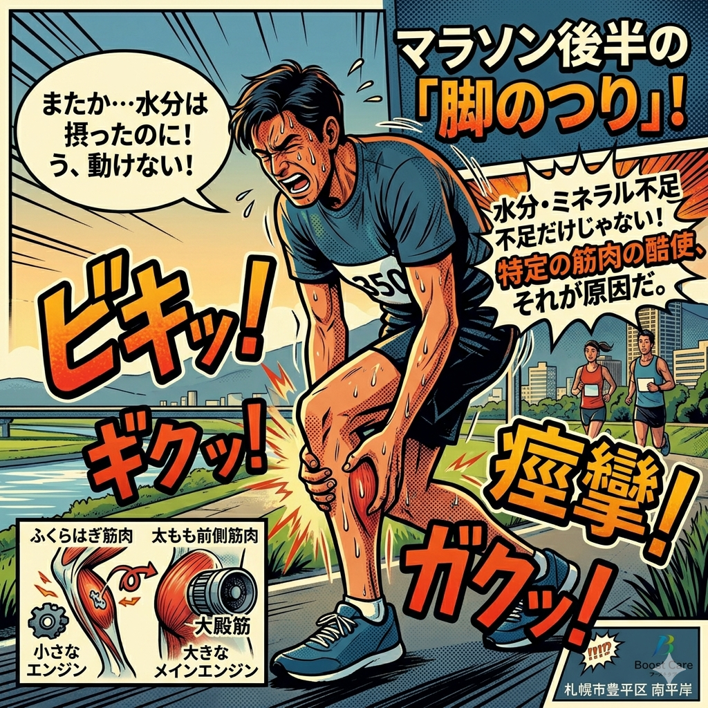 マラソン後半の脚のつりを解説するアメコミ風インフォグラフィック。35km地点で苦しむランナーの脚には「ビキッ！」や「痙攣！」の劇的な擬音語が添えられている。テキストパネルでは、脚のつりは単なる水分・ミネラル不足だけではなく、特定の筋肉（ふくらはぎ）の酷使が原因であることを説明し、「『動きのエラー』を修正し、お尻の大きな筋肉を使え！」と解決策を提示している。ふくらはぎを「小さなエンジン」、お尻（大殿筋）を「大きなメインエンジン」に例えた比較図解入り。背景は札幌の街並み。右下にBoost Care（札幌市豊平区南平岸）のロゴ。