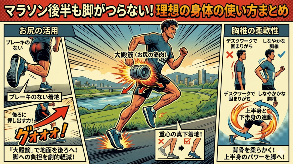 アメコミ風のインフォグラフィックイラスト。タイトルは「マラソン後半の『脚のつり』！」。中央には苦悶の表情で右脚のふくらはぎを押さえてうずくまる男性ランナーが描かれ、「ビキッ！」、「痙攣！」、「ガクッ！」という劇的な擬音語が飛び出している。左側のパネルには「水分・ミネラル不足だけじゃない！ 特定の筋肉の酷使、それが原因だ。」、「『動きのエラー』を修正し、お尻の大きな筋肉を使え！」というテキストがあり、左下には「ふくらはぎ（小さなエンジン）」と「大殿筋（大きなメインエンジン）」を歯車とジェットエンジンで例えた、動きの改善のための比較図がある。背景は札幌の豊平川河川敷と都市スカイライン。右下にブーストケア南平岸のロゴ。