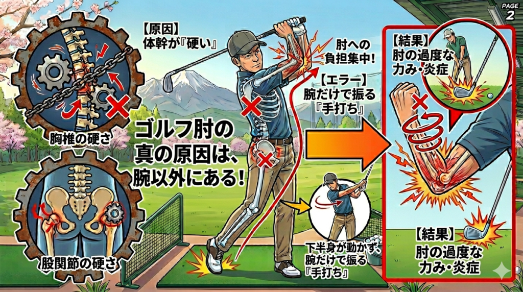 ゴルフ肘の本当の原因を解説する図解。胸椎と股関節の硬さが連動エラーを起こし、手打ちになることで肘に過度な負担が集中する仕組みを説明しているイラスト。