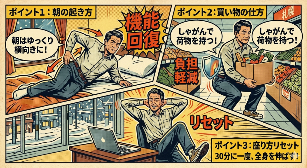 アメコミ風イラスト：ぎっくり腰を予防する日常の3つのポイント（朝の正しい起き上がり方、買い物での荷物の持ち方、デスクワーク中のストレッチ）