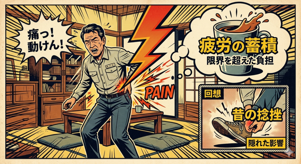 アメコミ風イラスト：居間で突然ぎっくり腰になり激痛で動けなくなる中年男性。疲労の蓄積と過去の捻挫が原因であることを示す