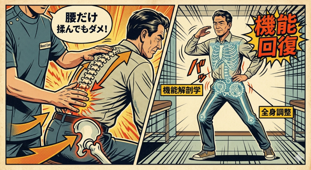 アメコミ風イラスト：ぎっくり腰の根本改善のため、腰だけでなく胸椎や股関節など全身の機能を調整するアプローチを図解