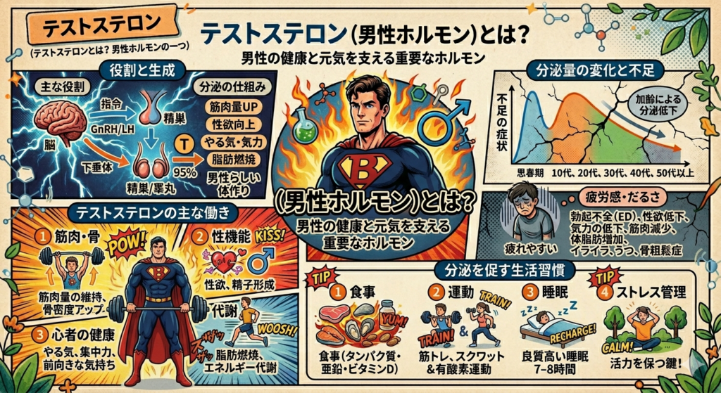 「テストステロン（男性ホルモン）」に関するレトロなアメコミスタイルのインフォグラフィック。タイトルは「テストステロン（男性ホルモン）とは？ 男性の健康と元気を支える重要なホルモン」。中央には炎に包まれたスーパーヒーローが描かれ、その周囲に役割、生成経路、働き、加齢による変化、分泌を促す生活習慣などが図解されている。左上は役割と生成ルートで、筋肉量UPや性欲向上などの仕組みを解説。右上は加齢による分泌低下をグラフで示し、ED、性欲低下、筋肉減少、うつなどの不足症状をリスト化している。下部左側は4つの主な働き（筋肉・骨、性機能、心の健康、代謝）を解説。下部右側は分泌を促す4つの生活習慣TIP（食事、運動、睡眠、ストレス管理）をイラスト付きで紹介している。