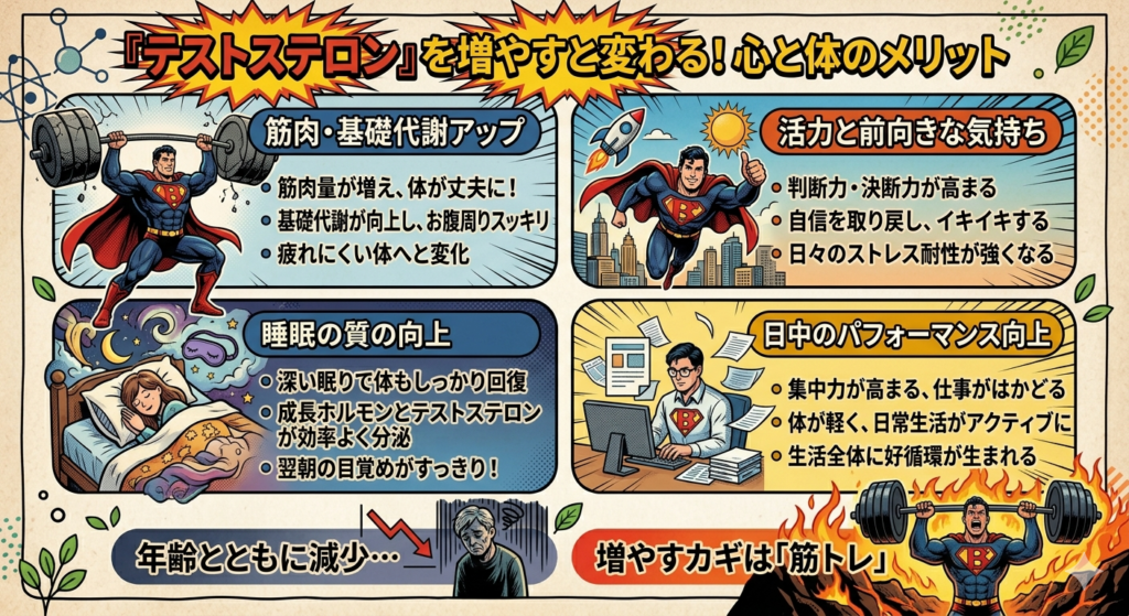 「テストステロン（男性ホルモン）」に関するレトロなアメコミスタイルのインフォグラフィック。タイトルは「テストステロン（男性ホルモン）とは？ 男性の健康と元気を支える重要なホルモン」。中央には炎に包まれたスーパーヒーローが描かれ、その周囲に役割、生成経路、働き、加齢による変化、分泌を促す生活習慣などが図解されている。左上は役割と生成ルートで、筋肉量UPや性欲向上などの仕組みを解説。右上は加齢による分泌低下をグラフで示し、ED、性欲低下、筋肉減少、うつなどの不足症状をリスト化している。下部左側は4つの主な働き（筋肉・骨、性機能、心の健康、代謝）を解説。下部右側は分泌を促す4つの生活習慣TIP（食事、運動、睡眠、ストレス管理）をイラスト付きで紹介している。