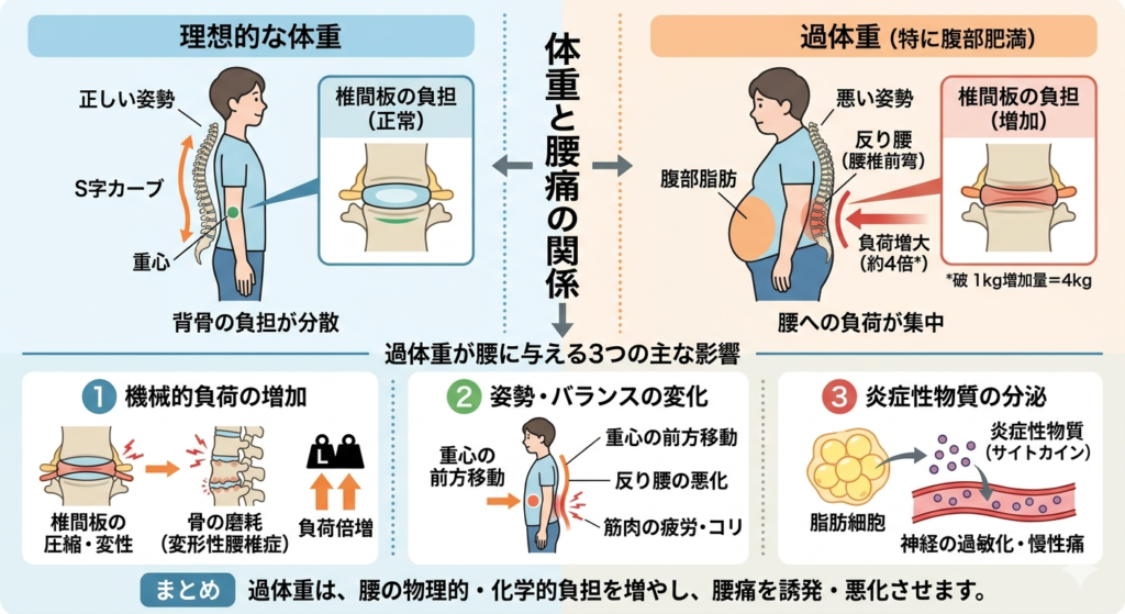 体重と腰痛の関係を図解したイラスト。左側に理想的な体重での正しい姿勢（S字カーブ）と正常な椎間板の負担、右側に過体重（腹部肥満）による悪い姿勢（反り腰）と椎間板への負荷増大（正常の約4倍）を比較して描画。下部では過体重が腰に与える3つの影響として「1.機械的負荷の増加（椎間板の圧縮・骨の摩耗）」「2.姿勢・バランスの変化（重心の前方移動・筋肉の疲労）」「3.炎症性物質の分泌（脂肪細胞からのサイトカイン分泌による慢性痛）」を解説。最後に「過体重は、腰の物理的・化学的負担を増やし、腰痛を誘発・悪化させます」とまとめています。
