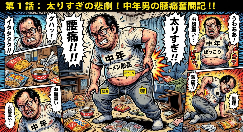 太りすぎて腰痛に悩む日本人中年男性のアメコミ風イラスト