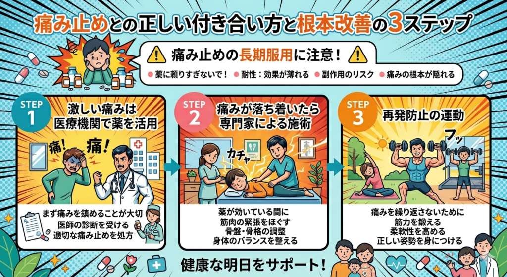 アメコミ風に描かれた、痛み止めとの正しい付き合い方と根本改善の3ステップを解説する正方形のインフォグラフィック。痛み止めの長期服用に対する注意喚起と、「ステップ1：激しい痛みは無理せず医療機関を頼る」「ステップ2：痛みが落ち着いたら専門家による施術を受ける」「ステップ3：再発させないためのコンディショニングと運動を行う」という3段階のアプローチが、ポップで分かりやすくまとめられています。