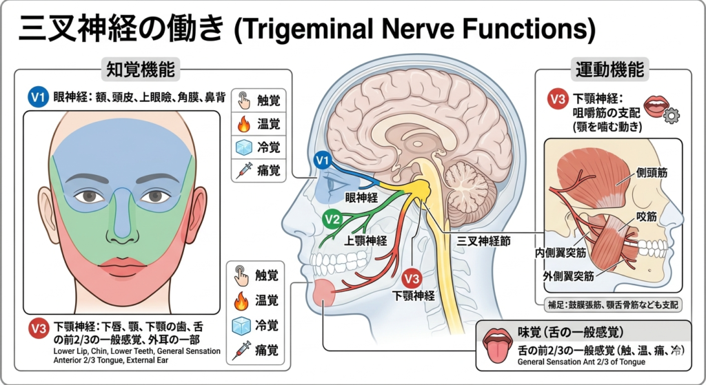 三叉神経（脳神経V）の知覚および運動機能を説明する医療・解剖学的インフォグラフィック。タイトルは「三叉神経の働き (Trigeminal Nerve Functions)」。 左側のセクションは「知覚機能」で、顔の正面図が眼神経（V1、青）、上顎神経（V2、緑）、下顎神経（V3、ピンク）の3つの知覚領域に色分けされており、それぞれ触覚、温覚、冷覚、痛覚を伝達することを説明している。 中央は脳と神経幹、三叉神経節、そして3つの枝の解剖図。 右側のセクションは「運動機能」で、下顎神経（V3）が咀嚼筋（側頭筋、咬筋、内側翼突筋、外側翼突筋）を支配し、顎を噛む動きを制御することを説明している。補足として、鼓膜張筋や顎舌骨筋への支配も記載。 下部には舌の図があり、舌の前2/3の一般感覚（触、温、痛、冷）を説明している。