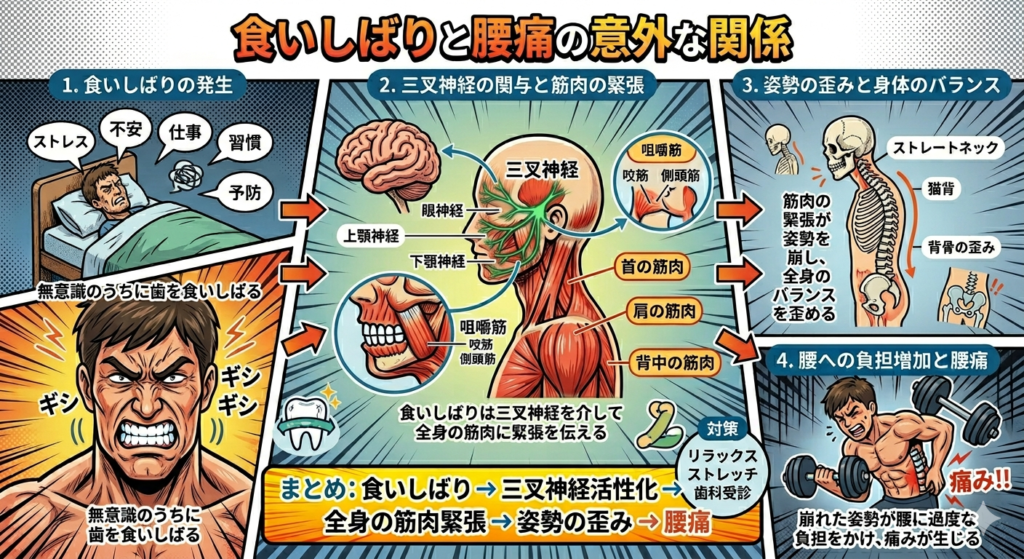 食いしばり（ブラキシズム）が三叉神経を通じて腰痛を引き起こすメカニズムを解説したアメコミ風のインフォグラフィック。1.ストレスなどによる食いしばりの発生、2.三叉神経（眼神経、上顎神経、下顎神経）の関与と首・肩の筋肉の緊張、3.筋肉の緊張による全身の姿勢の歪み、4.歪みが負担となって現れる腰痛への影響、という一連の流れを複数のパネルで視覚的にまとめている。