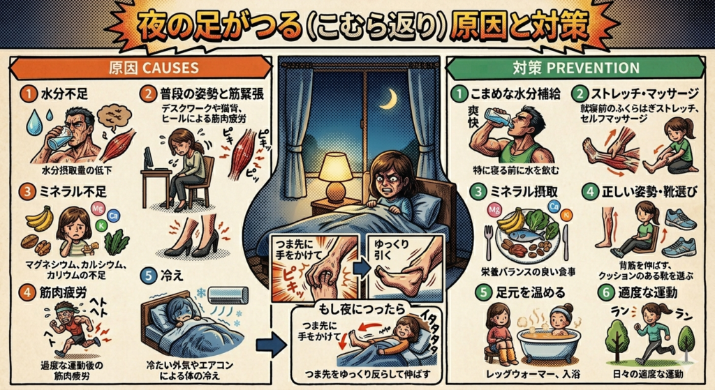夜に足がつる(こむら返り)原因と対策をまとめたアメコミ調の解説イラスト。左側に原因(水分不足、普段の姿勢と筋緊張、ミネラル不足、筋肉疲労、冷え)、右側に対策(こまめな水分補給、ストレッチ・マッサージ、ミネラル摂取、正しい姿勢と靴選び、足元を温める、適度な運動)を配置。中央にはベッドで足がつって目覚めた女性のイラストと、つま先を手前に引いて伸ばす具体的な対処法が劇画風のタッチを交えて描かれている。