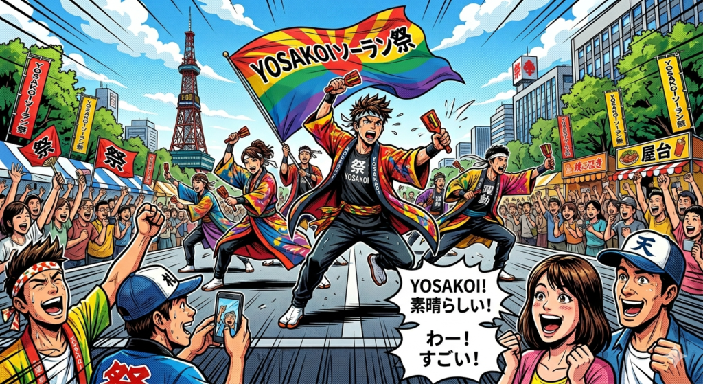 札幌で開催されたYOSAKOIソーラン祭りのダイナミックなアメコミ風イラスト。さっぽろテレビ塔が見える街並みで、虹色の公式旗が翻る中、熱気あふれる踊り子が演舞し、多数の興奮した観客が手を振って声援を送っている。観客の吹き出しには「YOSAKOI! 素晴らしい！」「わー！ すごい！」とあり、前景の観客はTenjinロゴの帽子や「祭」Tシャツを着用。一人はスマートフォンで撮影している。