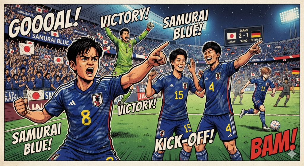 日本のサムライたちがピッチを駆ける、躍動感あふれるアメコミ風のイラスト