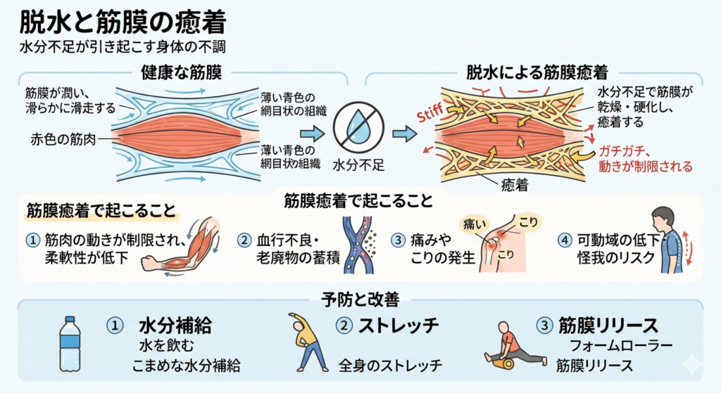 脱水と筋膜の癒着の関係性を説明するまとめイラスト。水分不足によって筋肉を覆う筋膜が潤いを失い、滑りが悪くなって癒着・硬直するメカニズムを視覚的に解説しています。