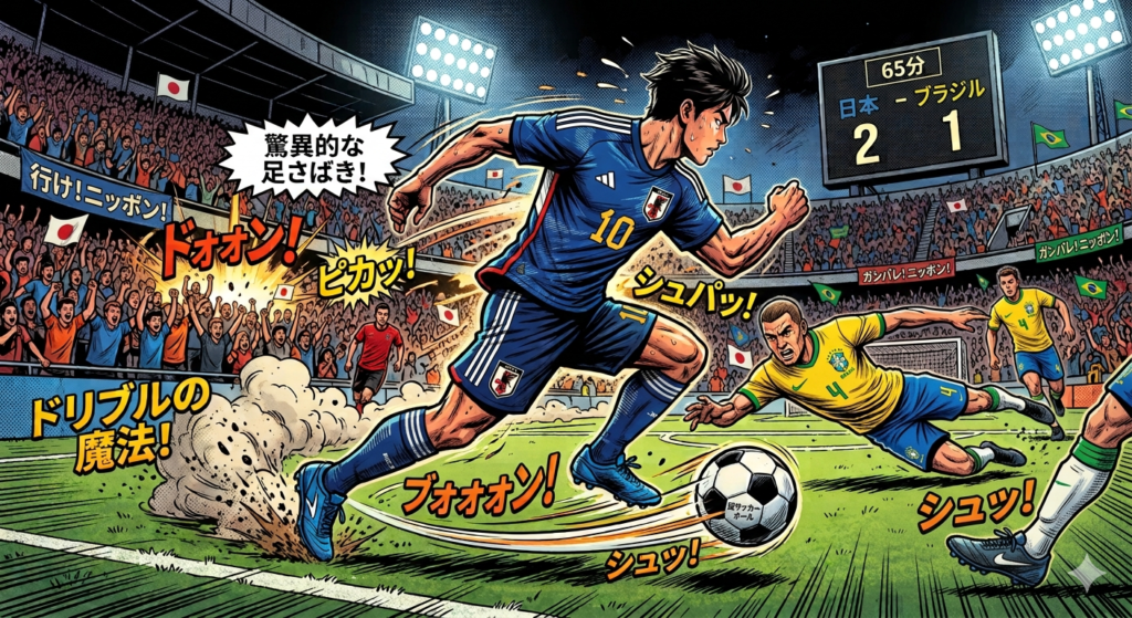 Alternative Text for Image: A detailed manga-style illustration capturing a dynamic moment in a soccer match between Japan and Brazil in a large, floodlit stadium at night. The central focus is a Japanese player, wearing the number 10 blue jersey, running with intense speed and skill as he dribbles a soccer ball, creating motion lines and kicking up dirt. An opposing Brazilian defender, wearing the number 4 yellow jersey and labeled 'LEO' on his shorts, is sliding in for a tackle. The packed stands are filled with cheering fans holding Japanese and Brazilian flags. An electronic scoreboard shows the time '65分' and the score '日本 2 - 1 ブラジル' (Japan 2 - 1 Brazil). Banners in the crowd include text like '行け! ニッポン!' (Go! Japan!). The art style includes prominent Japanese onomatopoeia sound effects like 'DOOOON!', 'PIKAA!', and 'SHUUUU!', adding to the high-energy comic-book feel.