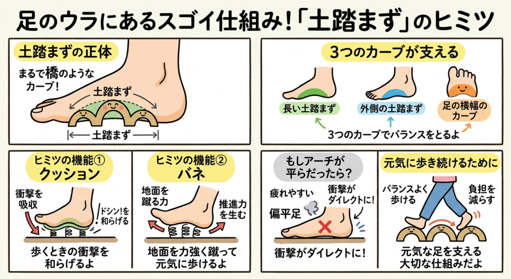 足の裏の土踏まず（アーチ）の仕組みを解説するインフォグラフィック。タイトルは「足のウラにあるスゴイ仕組み！「土踏まず」のヒミツ」。6つのパネルで構成されている。1. 土踏まずは橋のようなカーブ。2. 3つのカーブ（長い、外側、横幅）が支える。3. 機能① クッション：歩くときの衝撃を吸収する。4. 機能② バネ：地面を蹴る推進力を生む。5. アーチが平らだと偏平足になり、疲れやすく衝撃がダイレクトに伝わる。6. バランスよく歩き、負担を減らすための大切な仕組み。