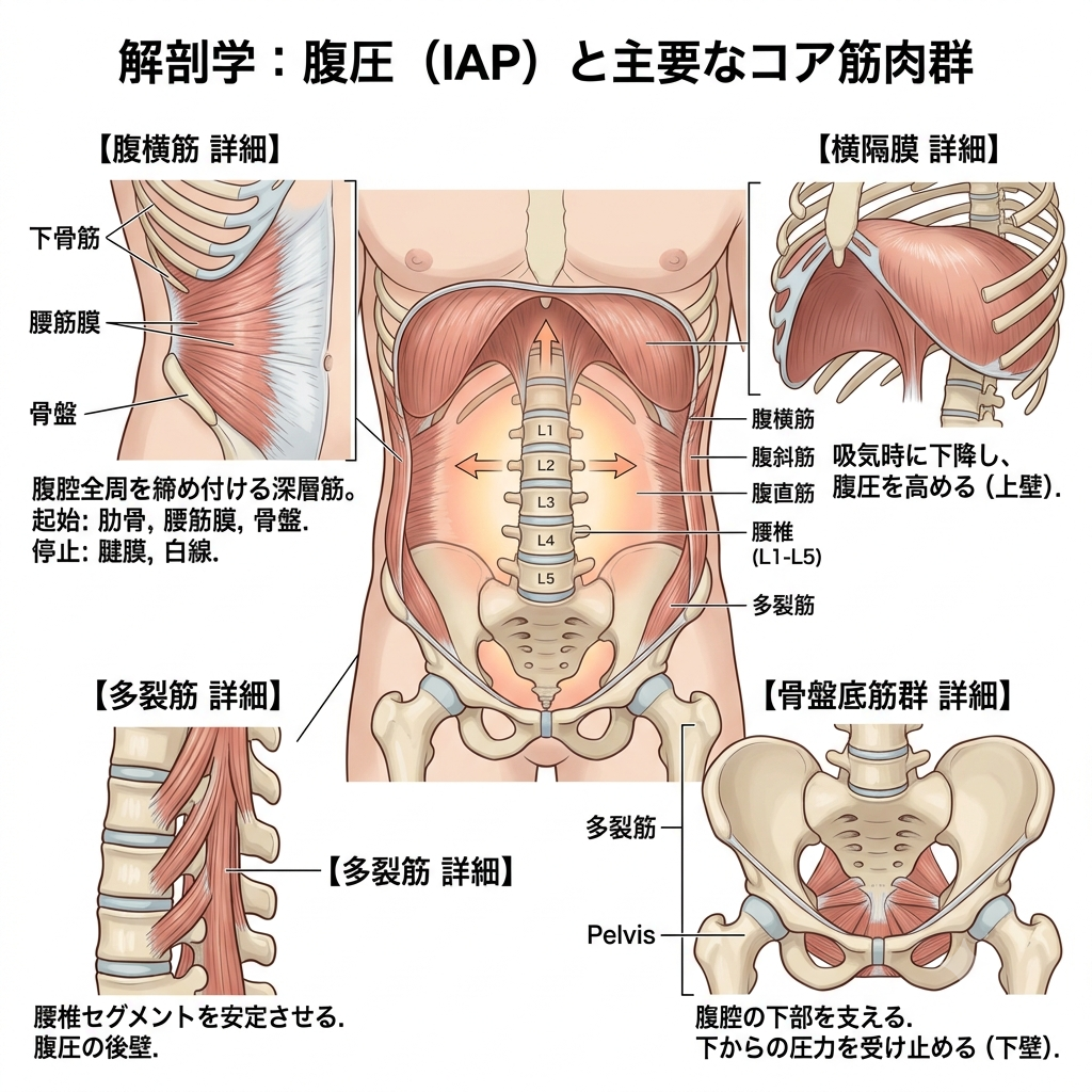 腹圧(腹腔内圧)のコントロールに関わる4つの重要な筋肉(インナーユニット)の解剖図。 上壁の「横隔膜」、前外側壁の「腹横筋」、後壁の「多裂筋」、底面の「骨盤底筋群」が、風船のように腹腔を囲んで体幹と腰椎を内側から安定させる仕組みを視覚的に説明したイラストです。