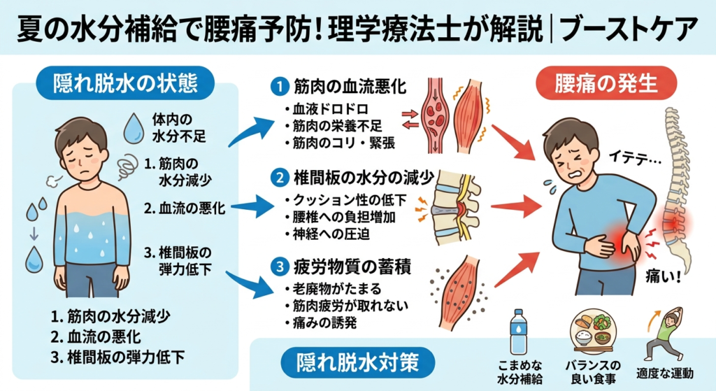 夏の水分補給と腰痛予防のインフォグラフィック。理学療法士が解説。隠れ脱水の状態（筋肉水分減少、血流悪化、椎間板弾力低下）が、筋肉の血流悪化（コリ・緊張、血液ドロドロ）、椎間板の水分の減少（クッション性低下、神経圧迫）、疲労物質の蓄積（老廃物、筋肉疲労）という3つのメカニズムを介して腰痛発生につながる過程を図解。下部に対策（水分補給、食事、運動）を記載。