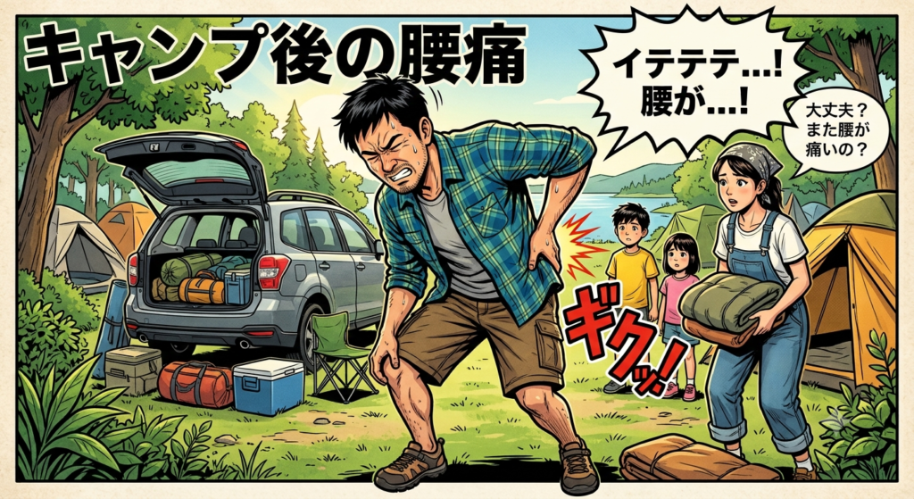 夏のキャンプ場の朝、車の前で片付け中に腰を押さえて痛がっている日本人のお父さんと、それを心配するお母さんと子どもたちの様子を描いたアメコミ風イラスト。「キャンプ後の腰痛」というタイトル文字が含まれています。
