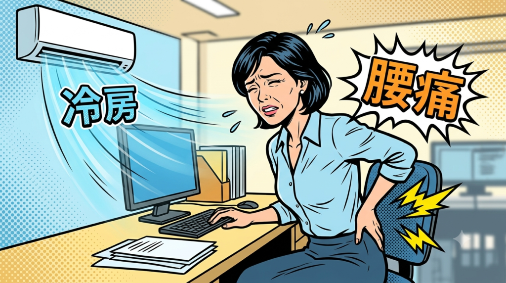 冷房の効いたオフィスで、日本人中年女性がPCデスクに向かいながら右腰を抑えて苦しんでいるアメコミ風イラスト。エアコンからは「冷房」の文字が入った青い冷気が流れ、女性の背中には「腰痛」と書かれたギザギザの吹き出しと、痛みを表す黄色い稲妻マークが描かれている。