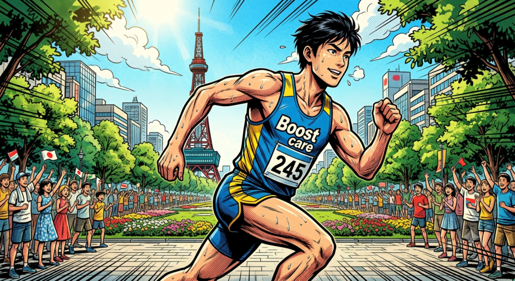 東京タワーを背景に、ブーストケアのユニフォームを着てフルマラソンを爽やかに走る男性のイラスト