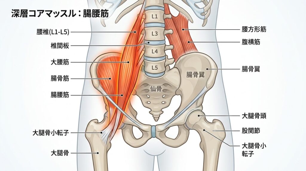 深層コアマッスル（インナーマッスル）である「腸腰筋（大腰筋と腸骨筋）」を中心に示した人体解剖図。腰椎（L1-L5）、椎間板、骨盤（骨盤翼、仙骨、股関節、大腿骨）などの骨格と、赤くハイライトされた筋肉（腸腰筋）の関係が詳細に描かれ、各部位に日本語のラベルとリーダー線が付いています。